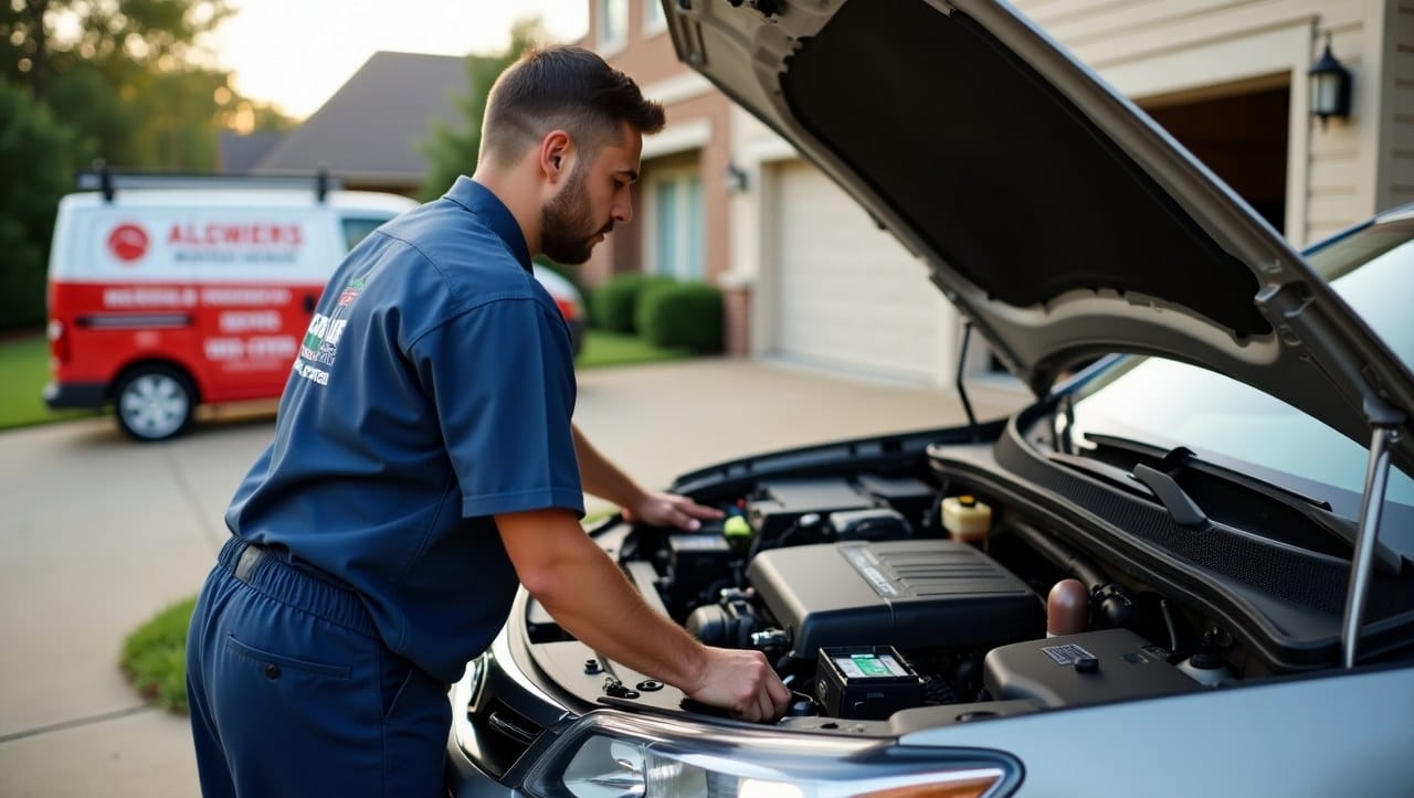 A professional mobile mechanic in a branded uniform working under the hood of a sedan in a residential driveway in Douglasville, Georgia, on a sunny day. Tool van in the background, with clean equipment and a friendly, trustworthy vibe.